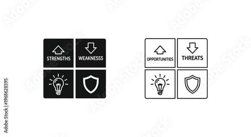 SWOT Analysis Icons: Strengths, Weaknesses, Opportunities, Threats Visual Guide Vector