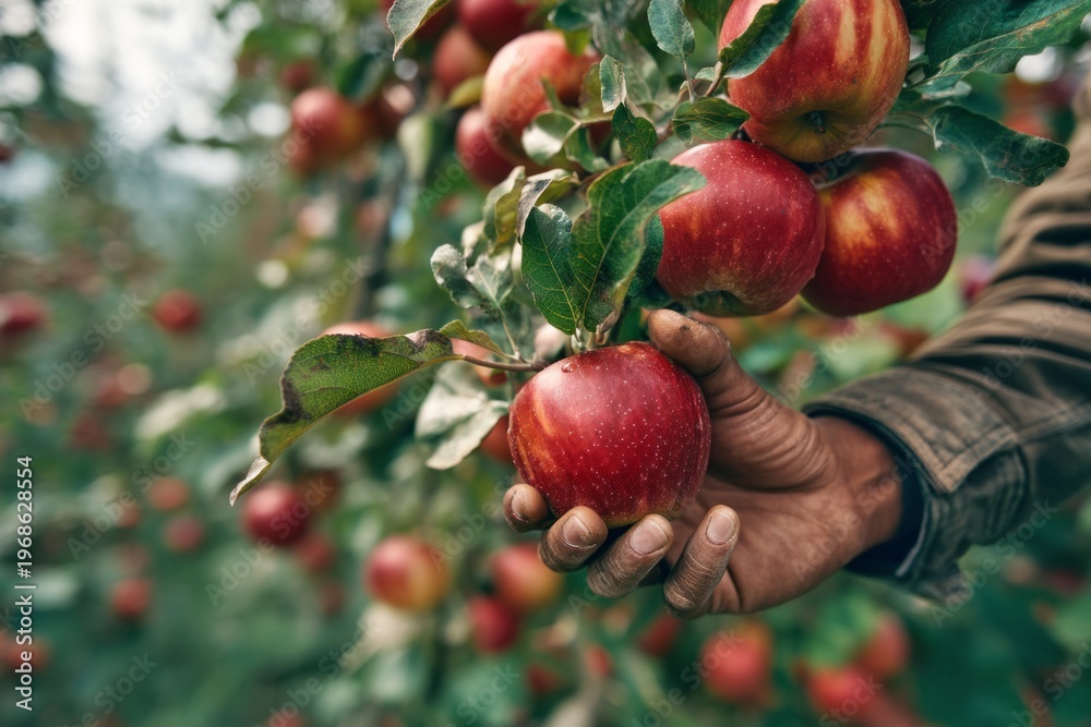 Obraz premium A close-up of a hand holding fresh red apples from a tree. The vibrant colors show the beauty of nature. This image captures the essence of harvest season. Perfect for agricultural themes. AI
