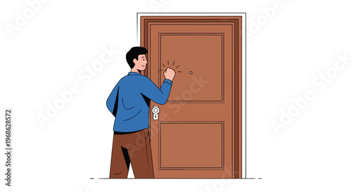 Man knocking on a wooden door, flat vector illustration