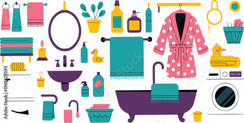 Cartoon bathroom accessories vector set with cute hygiene items, bathtub, toilet, sink, towels and bubble bath interior elements