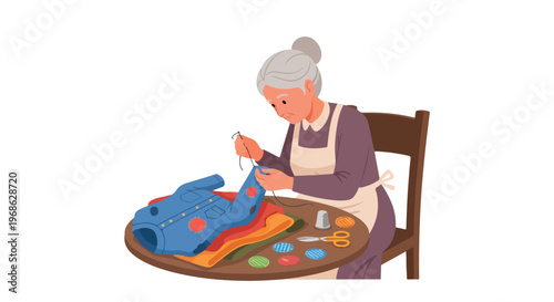An elderly woman sitting at a table carefully mending a denim shirt with needle