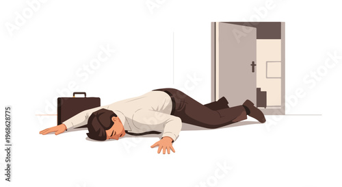 A businessman in formal attire lies exhausted on the floor near an open doorway