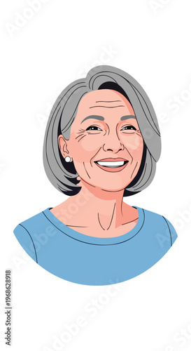 A flat vector illustration showing a happy elderly woman with grey bobbed hair