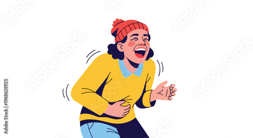 Happy woman laughing out loud holding her belly in a flat vector illustration style