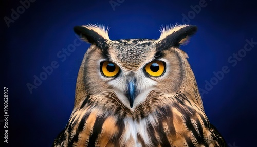 Intense Gaze of a Majestic Eurasian Eagle-Owl Against a Dark Blue Backdrop.