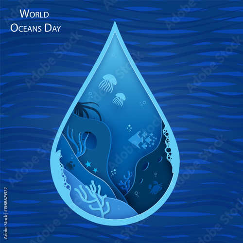 Paper craft concept for World Oceans Day, a holiday dedicated to the protection and preservation of oceans, water, and ecosystems. A drop of ocean features sea waves, fish, and plants cut out of paper