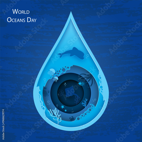 Paper craft concept for World Oceans Day, a holiday dedicated to the protection and preservation of oceans, water, and ecosystems. A drop of ocean features sea waves, fish, and plants cut out of paper