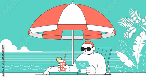 Man Relaxing on Beach Under Umbrella with Tropical Drink and Thank You Card