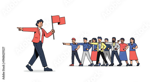 Business Leader Guiding Team with Red Flag Concept Illustration