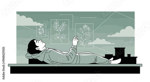 Man Relaxing on Rooftop, Viewing Botanical Illustrations on Digital Interface