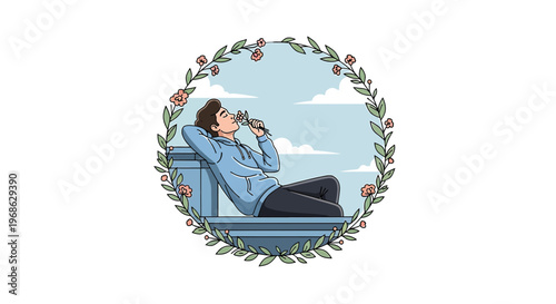 Man Relaxing Outdoors, Smelling Flowers, Peaceful Moment, Nature Frame