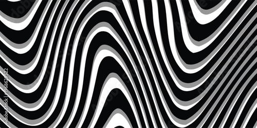 Abstract Halftone Black and White Wavy Lines Textured Background with 3D Illusion and Twisting Movement Effect. Vector Op Art Illustration.