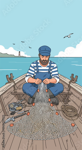 A bearded sailor in a blue cap sits in a wooden boat mending a fishing net