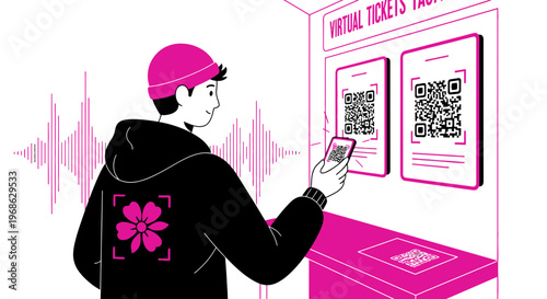 Man Scanning QR Code on Virtual Ticket Kiosk with Smartphone