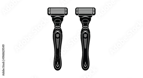 Two modern disposable razors are displayed in a stark black outline against a white background creating a strong silhouette high quality