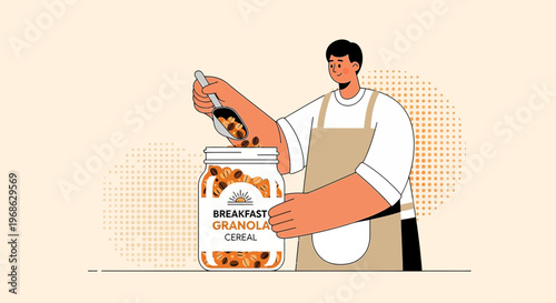 Man Scooping Granola Cereal from Jar, Healthy Breakfast Food Preparation