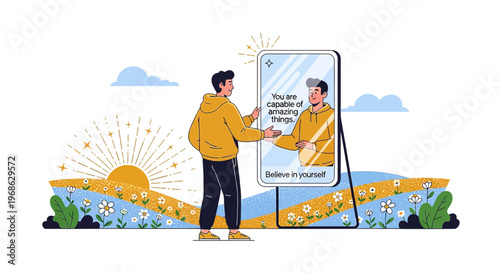 Man Sees Positive Reflection in Mirror, Embracing Self-Belief and Growth