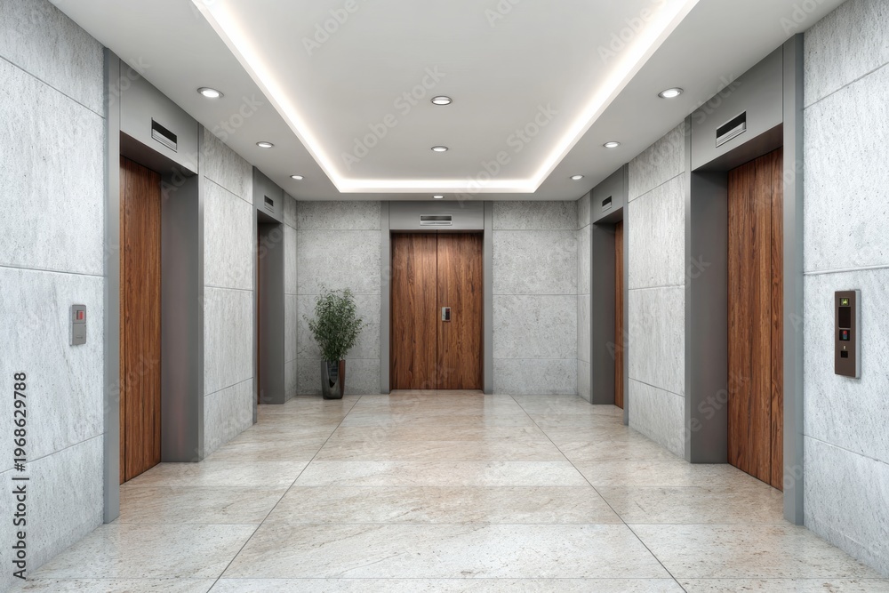 Fototapeta premium Modern building lobby features multiple elevator doors and polished stone flooring illuminated by ceiling lights