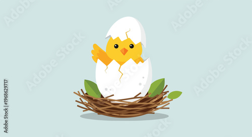 A cute yellow baby chick hatching from a cracked egg shell in a twiggy nest