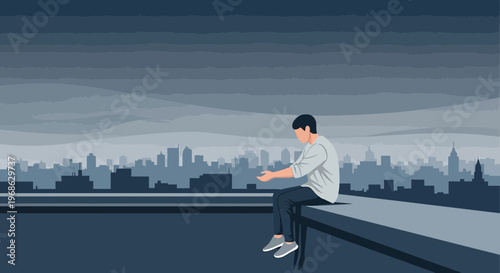 Man Sitting Alone on Rooftop Overlooking City Skyline at Dusk