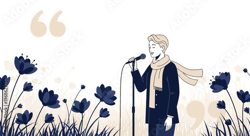 Man Singing with Microphone in Floral Meadow, Motivational Quote