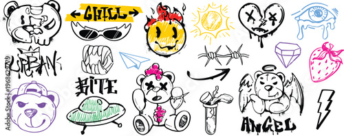 Alternative aesthetic street art doodles with dripping paint icons vector