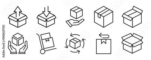 Package box line icon vector set. Containing open cardboard, fast delivery box, container, parcel protection, storage, good packing, fragile, wrapped, offer, processed, product shipping, merchandise