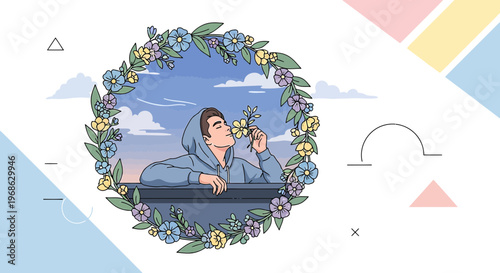 Man Smelling Flower in Floral Frame, Sky and Clouds Background
