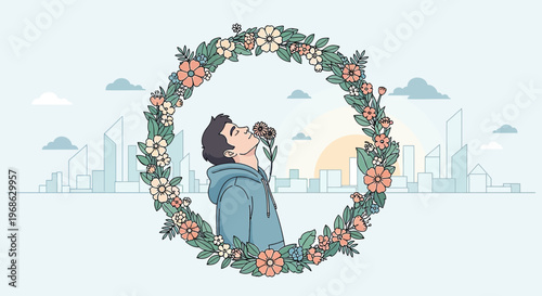 Man Smelling Flower Inside Floral Wreath with Cityscape Background