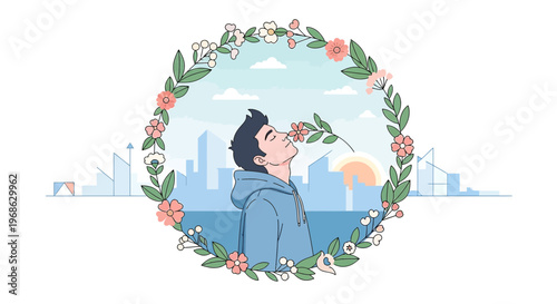Man Smelling Flower in Floral Frame with Cityscape Background