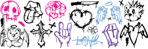 Cyberpunk inspired doodle set with spray paint drip effect vector