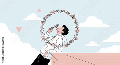 Man smelling flowers in a floral wreath, dreamy sky background, minimalist illustration