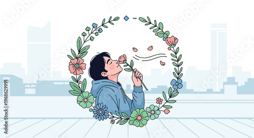 Man Smelling Flower Inside Floral Wreath, Cityscape Background