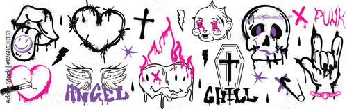 Gothic rock aesthetic elements with skulls coffin and roses vector