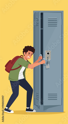 A distressed student struggles to open a secured metal locker in a hallway