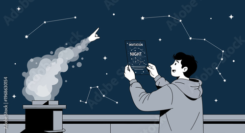 Man Studying Constellations and Shooting Star on Night Sky Background