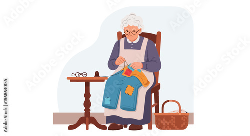 An elderly woman sitting in a wooden chair and sewing a patch onto blue trousers