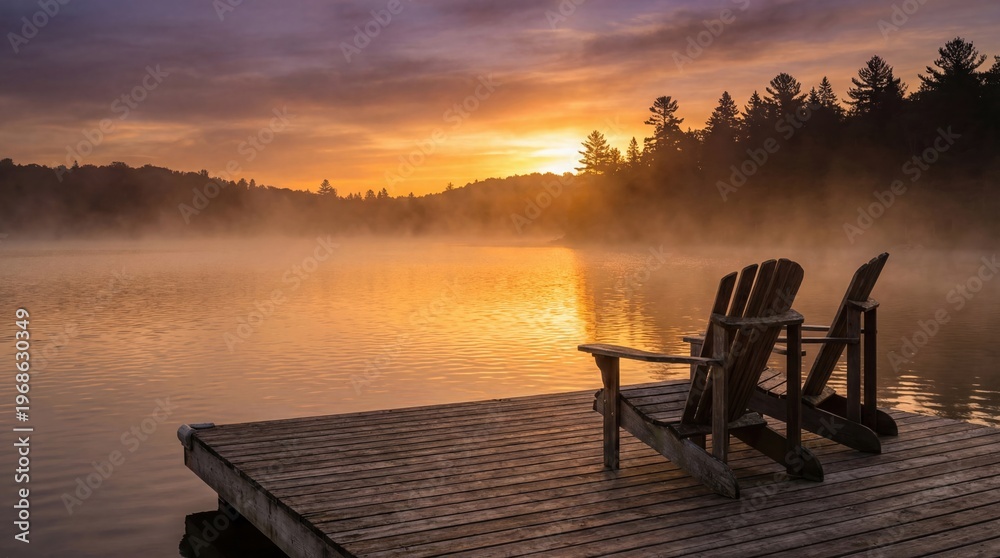 Obraz premium Serene Morning Sunrise Over Misty Lake with Wooden Dock and Chairs, Peaceful Natural Landscape in Tranquil Rural Setting