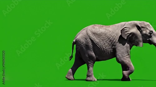 A large, gray pachyderm with tusks walks across a vibrant green background, kicking up dust with its feet