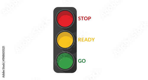 A vertical traffic light displays red yellow and green signals with accompanying text presented as a flat silhouette high quality professional