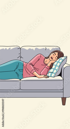 An illustrated young woman napping peacefully on a soft couch with a patterned