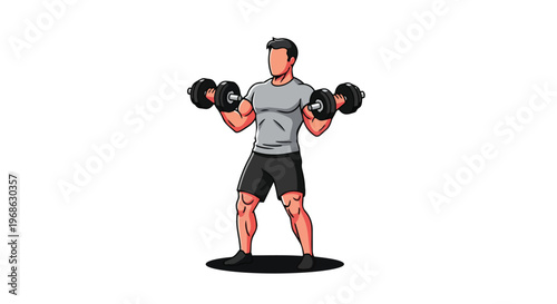Illustration of a muscular man performing bicep curls with dumbbells