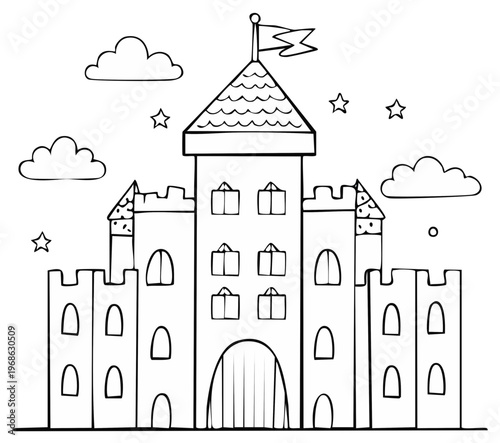 Cartoon castle with tower, clouds, stars, and flag illustration.