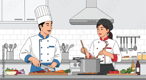 A man and a woman in chef uniforms prepare a meal together in a bright kitchen (1)