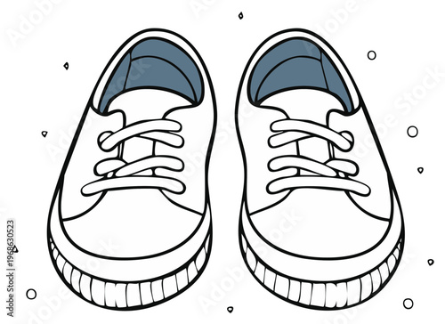 Cute cartoon illustration of baby shoes or toddler sneakers for a coloring book page. Hand drawn line art of first footwear.
