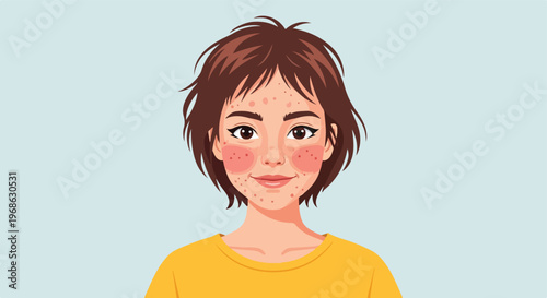 A young woman with short brown hair and a face with red skin spots and pimples