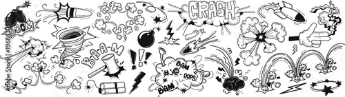 Set of black and white comic book bang burst doodles vector