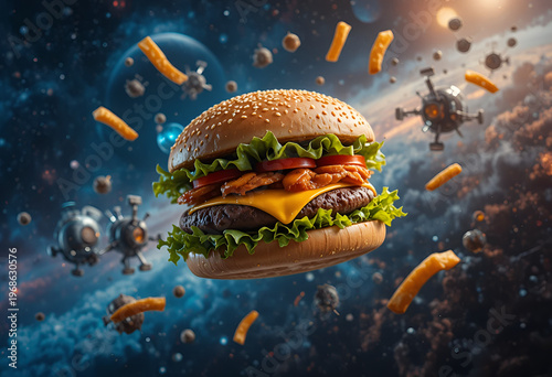 “Floating fast food in space, burger and fries