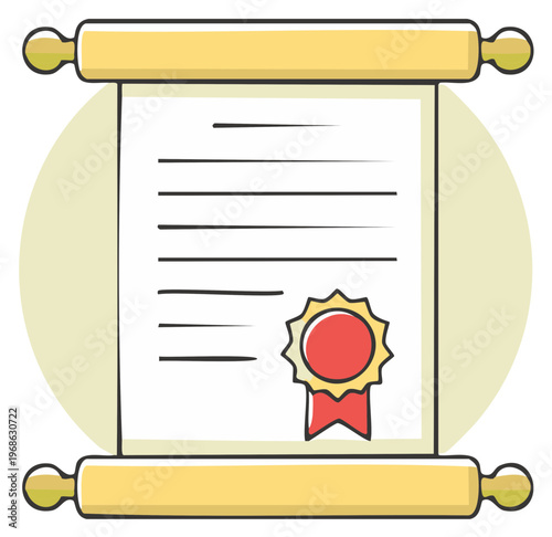 Ancient parchment scroll with official red seal and ribbon representing a diploma or decree illustration