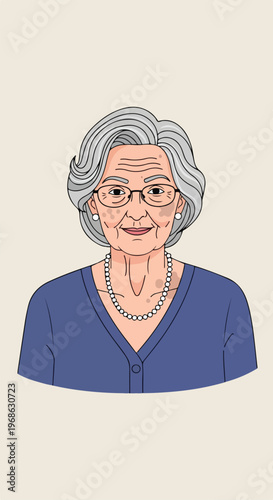 An illustrated portrait of an elderly woman with grey hair wearing pearl jewelry